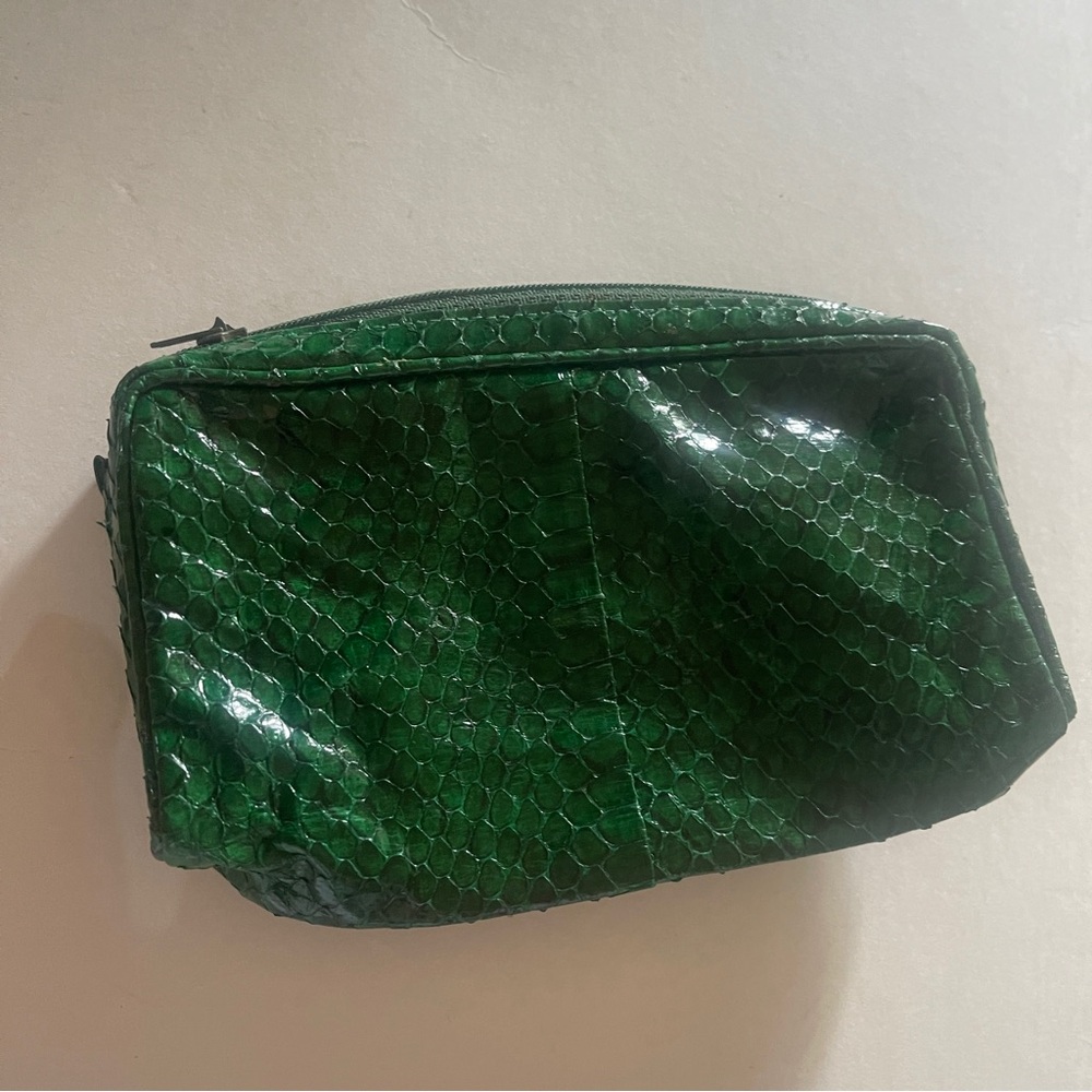 New Hunter Green Faux Snake Skin Texture Zippered Cosmetic Makeup Bag